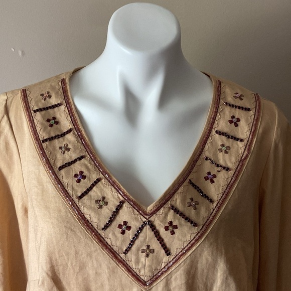 Sara Isabella Women’s Tan Beaded 100% Irish Linen Tunic Size 14 Plus Size - Picture 2 of 7